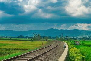 Scenic railway track curving through lush green fields with a backdrop of majestic mountains and dramatic clouds, perfect for travel and nature enthusiasts photo
