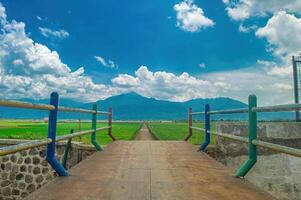 Colorful bridge leading to lush green fields with a stunning mountain and vibrant blue sky backdrop, ideal for travel and nature themes photo