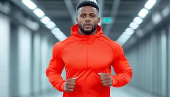 A man runs in a fitness facility while wearing a bright orange hoodie and focused expression photo