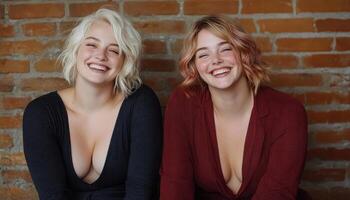 Two cheerful women with different hairstyles are enjoying each other's company while smiling photo