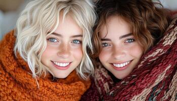 Smiling women with warm scarves share a joyful moment while relaxing indoors photo