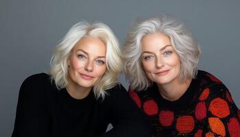 Two women with light hair and soft smiles sit close together, exuding confidence photo