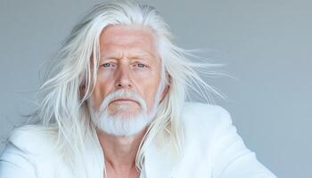 Mature man with long white hair and beard in a white suit displaying a serene expression photo