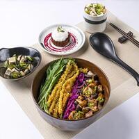 ASPARAGUS TEMPURA DOBURI with Tofu seaweed salad served in broth and Chocolate lava cake ice cream isolated on napkin side view of Japanese food on white background photo