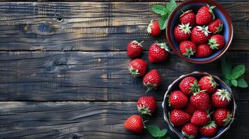 three strawberries isolated on a wooden table, Fresh red strawberry organic fruits on rustic wooden table, close up fresh fruit for healthy lifestyle landscape background photo