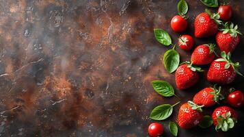 three strawberries isolated on a wooden table, Fresh red strawberry organic fruits on rustic wooden table, close up fresh fruit for healthy lifestyle landscape background photo