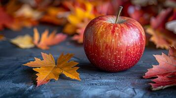 red apple isolated on a wooden table in summer, Fresh red apple organic fruits on rustic wooden table, close up fresh fruit for healthy lifestyle landscape background photo