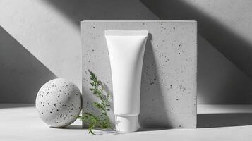 Mockup of cosmetic tube cream 50ml on concrete stone stand on gray background minimalist with green leaves. No branding, label template. Natural hard lighting and shadows photo