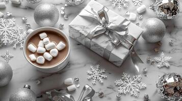 Celebrate the new year with hot cocoa and festive decorations on a winter table. photo