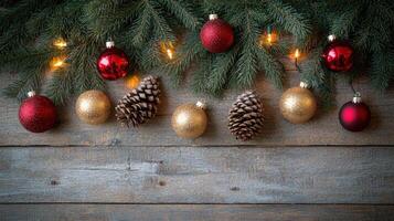 Cozy Christmas flat lay with pine branches and festive decorations on wood. photo