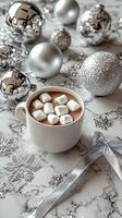Elegant minimalist New Year background with cocoa and ornaments on marble. photo