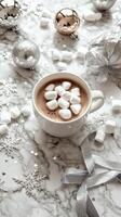 Elegant minimalist New Year flat lay with hot cocoa and festive decorations. photo