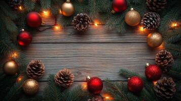 Christmas and New Year flat lay with pine branches and festive decorations photo