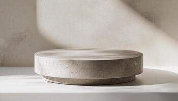 Minimalist product display pedestal showcasing clean lines and contemporary design in a softly lit environment. photo
