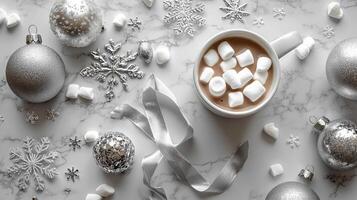 Festive winter hot chocolate setup with marshmallows and silver decorations. photo