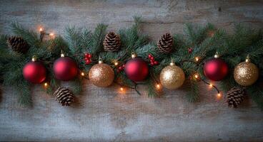 Beautiful Christmas and New Year decoration with colorful ornaments and pinecones photo