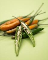 yellow red orange chili peppers lie on a green background photo