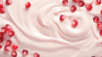 Yogurt with pomegranate seeds. Close-up texture photo