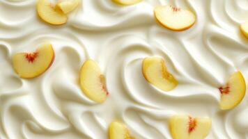 Yogurt with peach pieces. Close-up texture photo