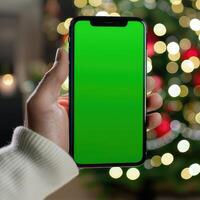 male hand holding smartphone with green screen on blurred christmas background photo