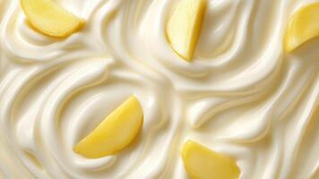 Yogurt with mango pieces. Close-up texture photo