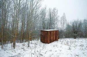 A lonely rusty metal mail container in a winter forest. High quality photo