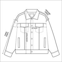 Denim Jacket or a similar casual jacket Flat sketch template. It highlights key measurement points for garment sizing. vector