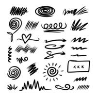 Collection of hand-drawn black doodles and sketches features swirls, lines, and arrow designs for creative projects vector