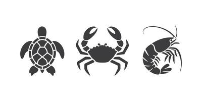 set of black silhouette marine icons featuring a turtle, crab, and shrimp on a white background vector
