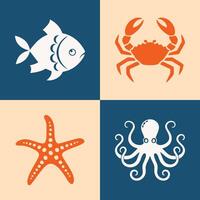 A colorful marine creatures icon set showing fish, crab, starfish, and octopus on bold split-tone backgrounds vector