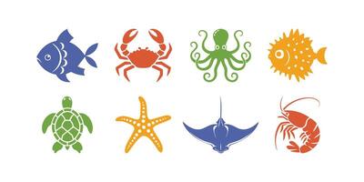set of marine animal icons in various colors, featuring fish, crab, octopus, pufferfish, turtle, starfish, stingray, and shrimp vector