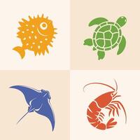 A vibrant marine icon set featuring a pufferfish, turtle, manta ray, and shrimp in bold contrasting colors vector