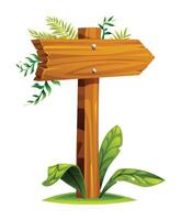 Wooden direction signpost pointing to the right with leaves and plants sprouting from the top and bottom. Cartoon illustration vector