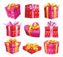 Set of gift boxes with ribbons, heart shape and patterns, perfect for Valentine's Day. Cartoon illustration vector