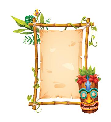 Tiki bamboo frame with vines, tribal mask, and parchment paper, decorated with tropical plants. Cartoon illustration