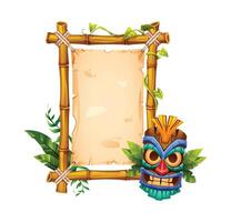 Bamboo frame with tiki mask, tropical leaves, and blank paper background for text. Cartoon illustration vector
