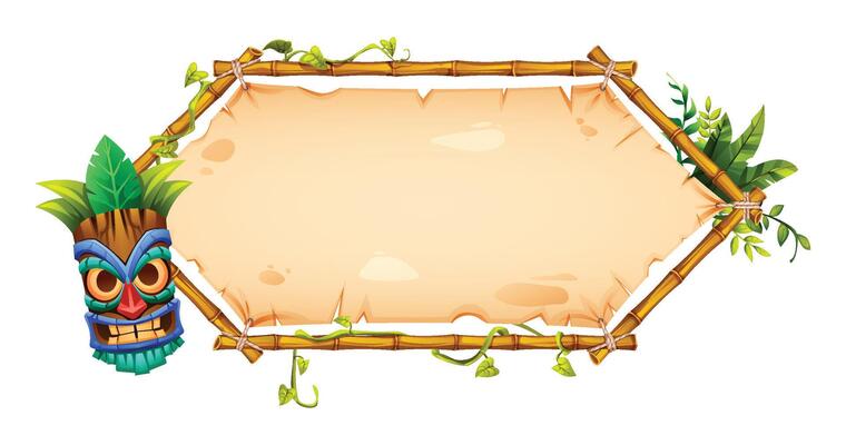 Tiki style bamboo frame with tropical vines, blank parchment, and tribal mask. Cartoon illustration