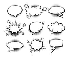 Set of speech and comic text bubbles with halftone style in black and white. Cartoon illustration vector
