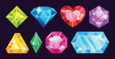 Set of colorful gemstones in various shapes, including heart, diamond, and emerald cuts. Cartoon illustration vector