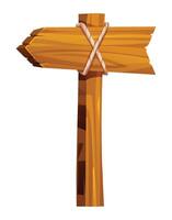 Wooden arrow signpost tied with rope, pointing left in rustic vintage style. Cartoon illustration vector