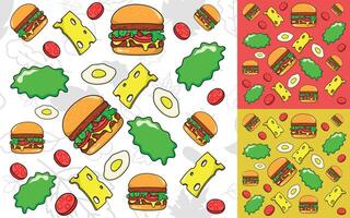 a set of hamburger and cheese seamless patterns vector