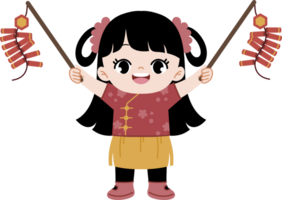 Cute kid holding firecrackers celebrating chinese new year png