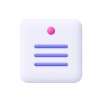 White note paper or sticker with a push pin, thumbtack. Business and office concept. 3d icon. Cartoon minimal style. vector