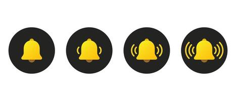Yellow bell icon set in flat design. Notification, reminder, alarm sign symbol vector