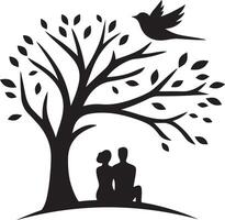 Romantic Couple Sitting Under a Tree with a Bird Silhouette vector