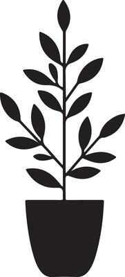 Simple Black Silhouette Potted Plant with Delicate Leaves and Branches Illustration