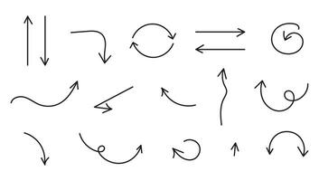A collection of hand-drawn straight and curved arrows. Drawing with a brush. Minimalistic set. vector