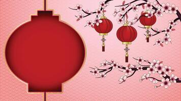 Chinese New Year background with paper lanterns and cherry blossom vector