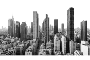 A black and white image of a cityscape with buildings from above png