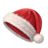 illustration style of A plush red hat with a fluffy white trim and pom-pom, shown on a plain transparent background png